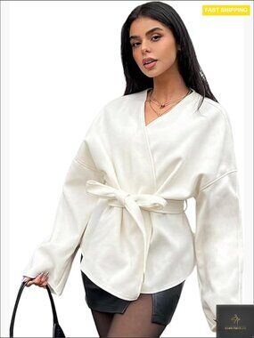 Cropped Trench Coat Oversized Long Sleeve Wrap Belted Peacoat Spring Jacket